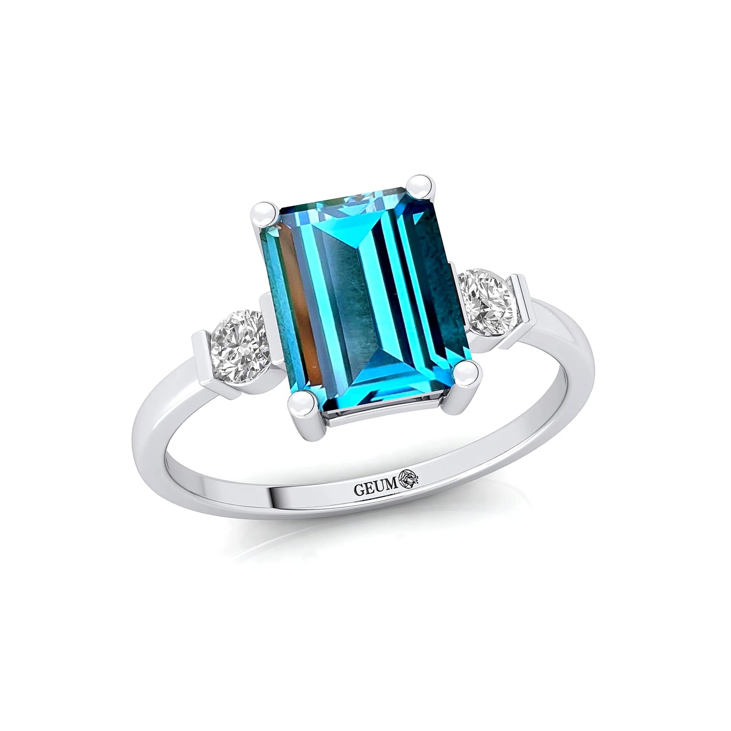 Best Selling Emerald Cut Natural London Blue Topaz Gemstone Real Diamond Classic Halo Solitaire Wedding Ring 18k Solid Gold