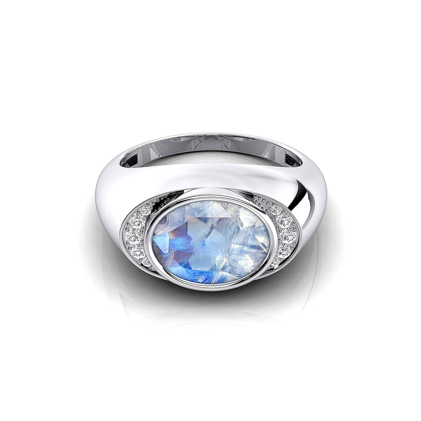 18kt Solid Gold Natural Rainbow Moonstone Gemstone Real Solitaire Diamonds Ring OEM Birthstone Wedding Gift Rhodium Plated Ring