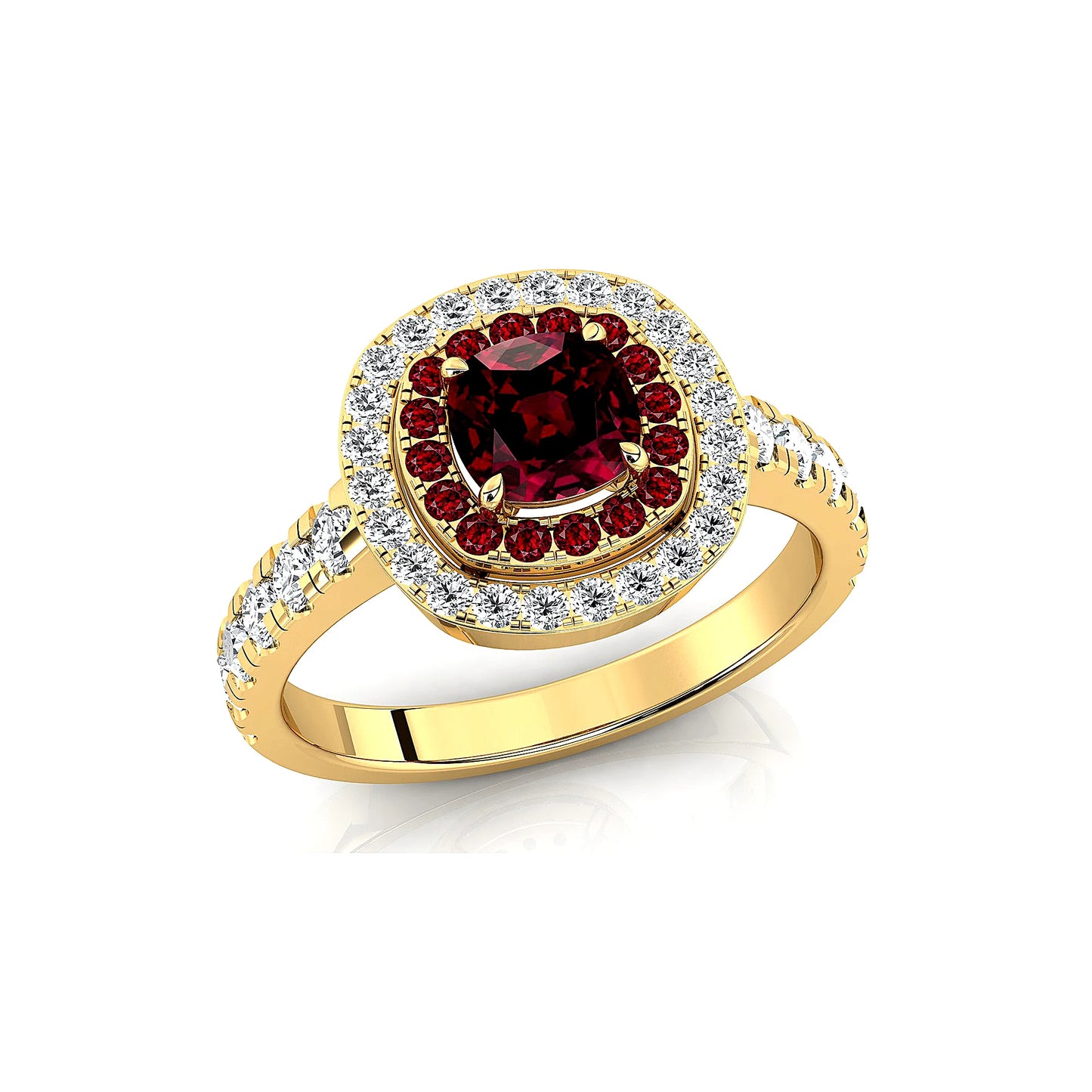 18kt Solid Gold 5mm Cushion Cut Natural Garnet Real Diamonds Rhodium Plated Prong Setting Halo Ring Fine Jewelry OEM Wholesale