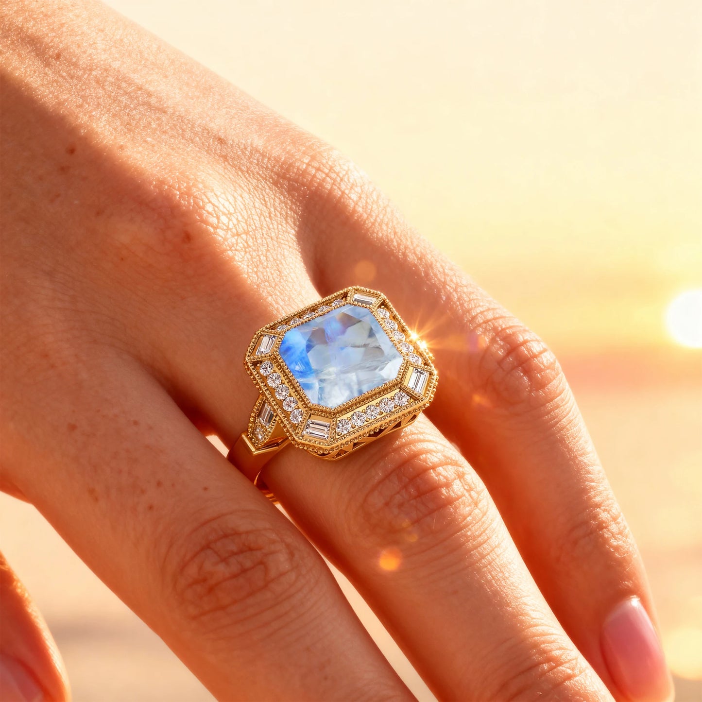 Luxurious Design Natural Rainbow Moonstone Gemstone Dainty Rings 18k Solid Gold Rhodium Plated Classic Wedding Real White