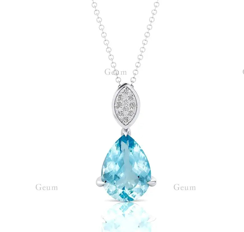 Natural Aquamarine Gemstone 14k Solid Gold Handmade Cute Rhodium Plated Teardrop Pendant Necklace Wholesale Supplier Jewelry