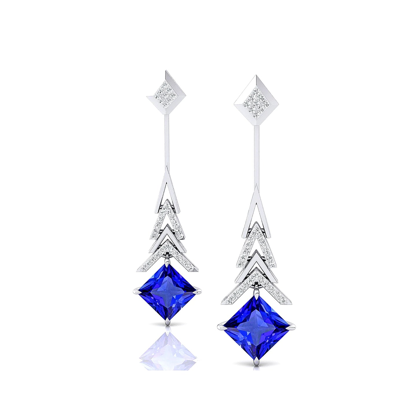 18k Gold Luxury Tanzanite Gemstone Fine Drop Princess Cut Real Diamond Elegant Design Solid Gold Rhodium Plated Cute Style Gift