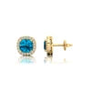 Swiss Blue Topaz Gemstone & Real Diamond Stud Earrings Cushion Cut Halo Design Rhodium Plated Solid Gold Stud Earrings For Women