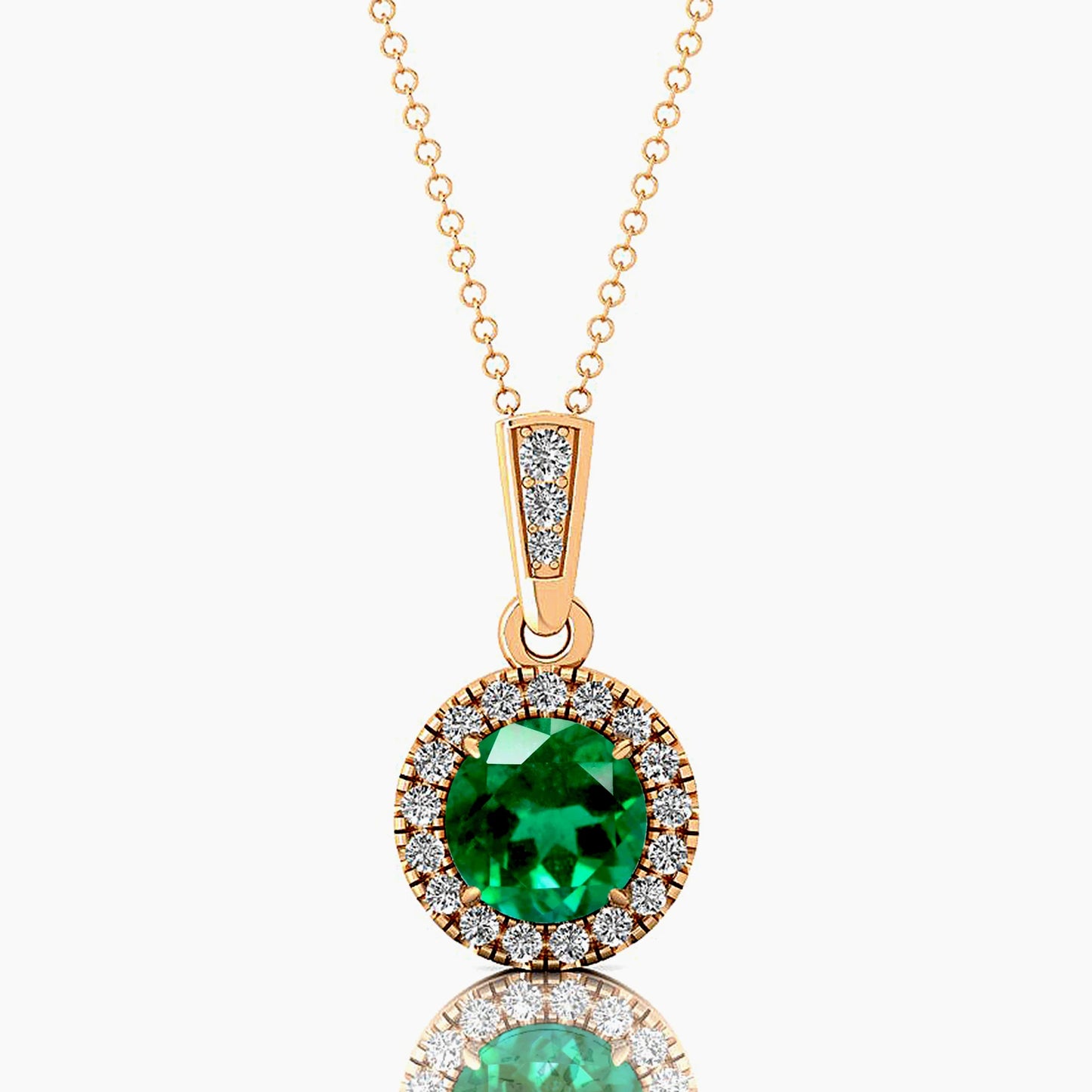 Halo Solitaire Charm Pendant Necklace Lab Grown Emerald Gemstone Genuine White Diamonds Cute Style Rhodium Plated Certified Gold