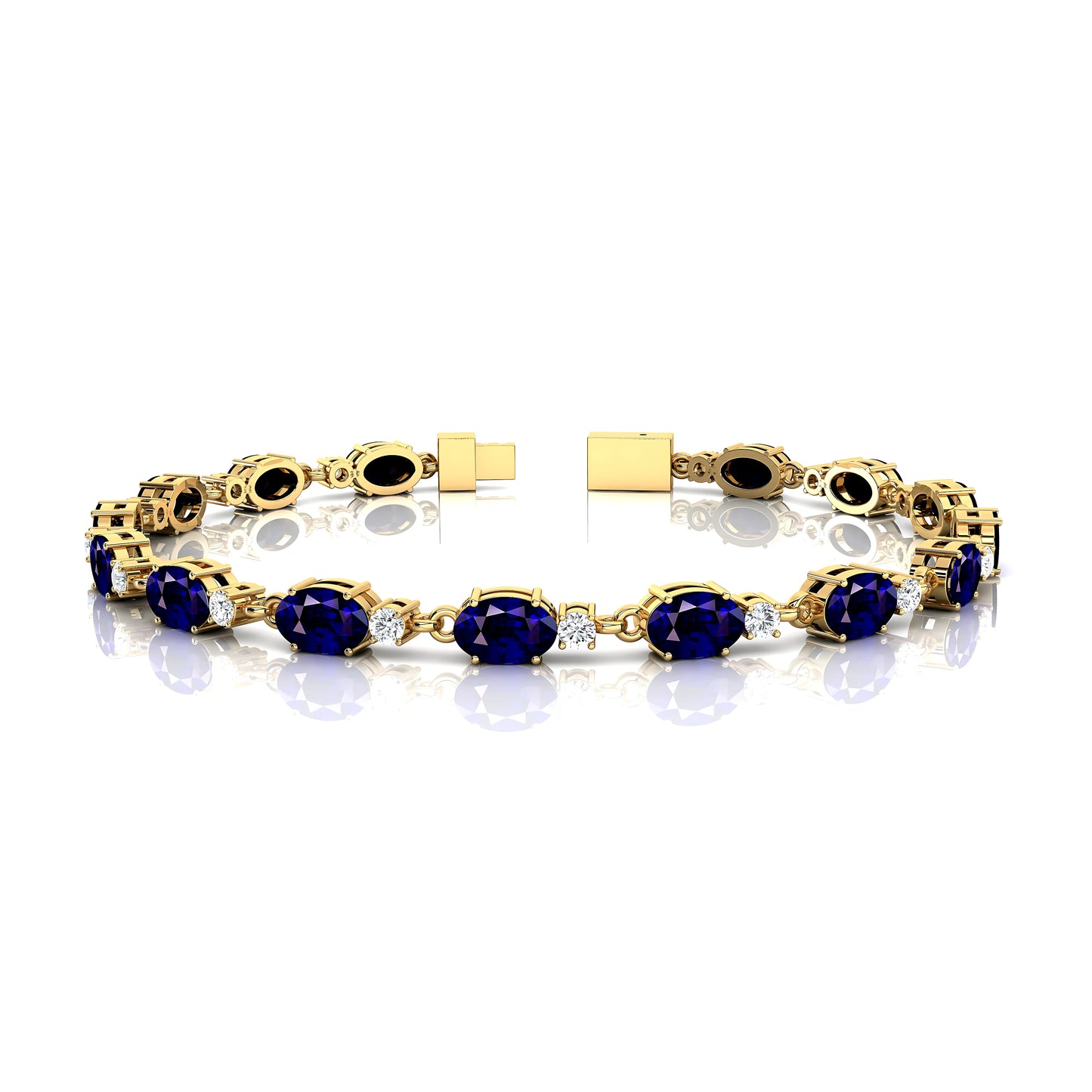 Trendy 14Kt Pure Gold Round Cut Diamond and Oval Cut Blue Sapphire Tennis Bracelet Dainty Elegant Blue Sapphire Tennis Bracelet