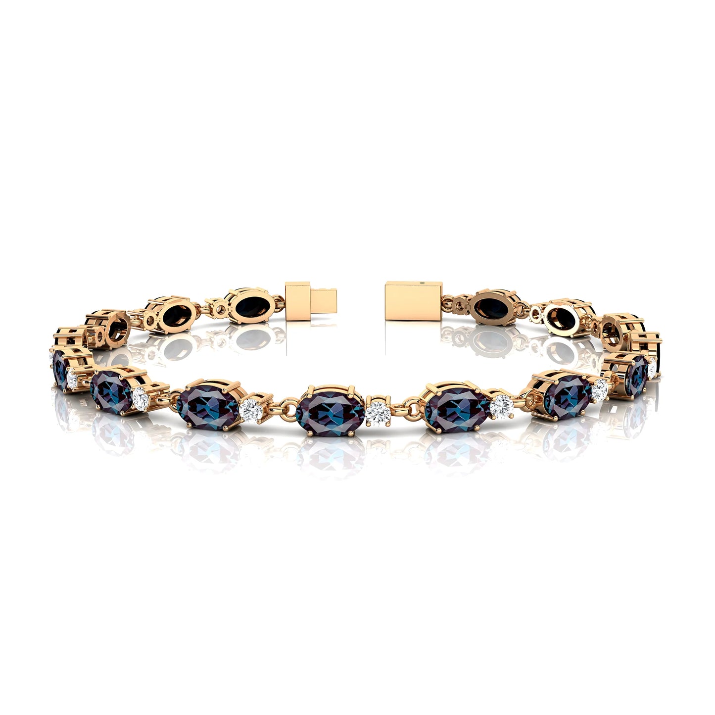 Oval Cut Lab-grown Alexandrite & Natural Round Diamonds Tennis Chain Bracelets Fine Jewelry 14K Gold Tennis Link Chain Bracelet