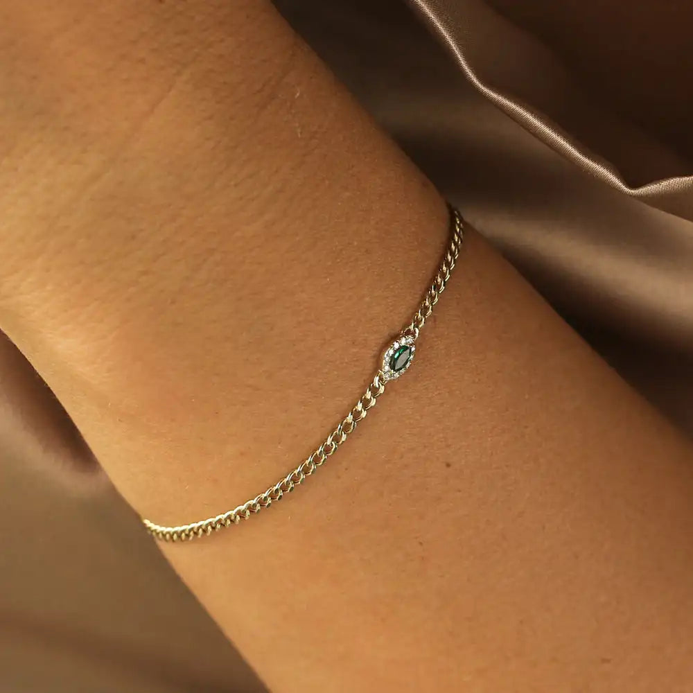 14k Gold Marquise Cut Green Emerald Gemstone With Diamonds Bracelet Luxury Fine Jewelry 2MM Curb Link Chain Emerald Bracelet