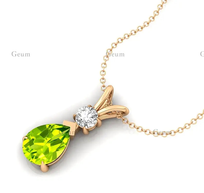 Pear Cut Peridot Solitaire Pendant Custom Design 14k Gold Women Necklace Delicate Bridal Fine Diamond Jewelry Gift For Wife