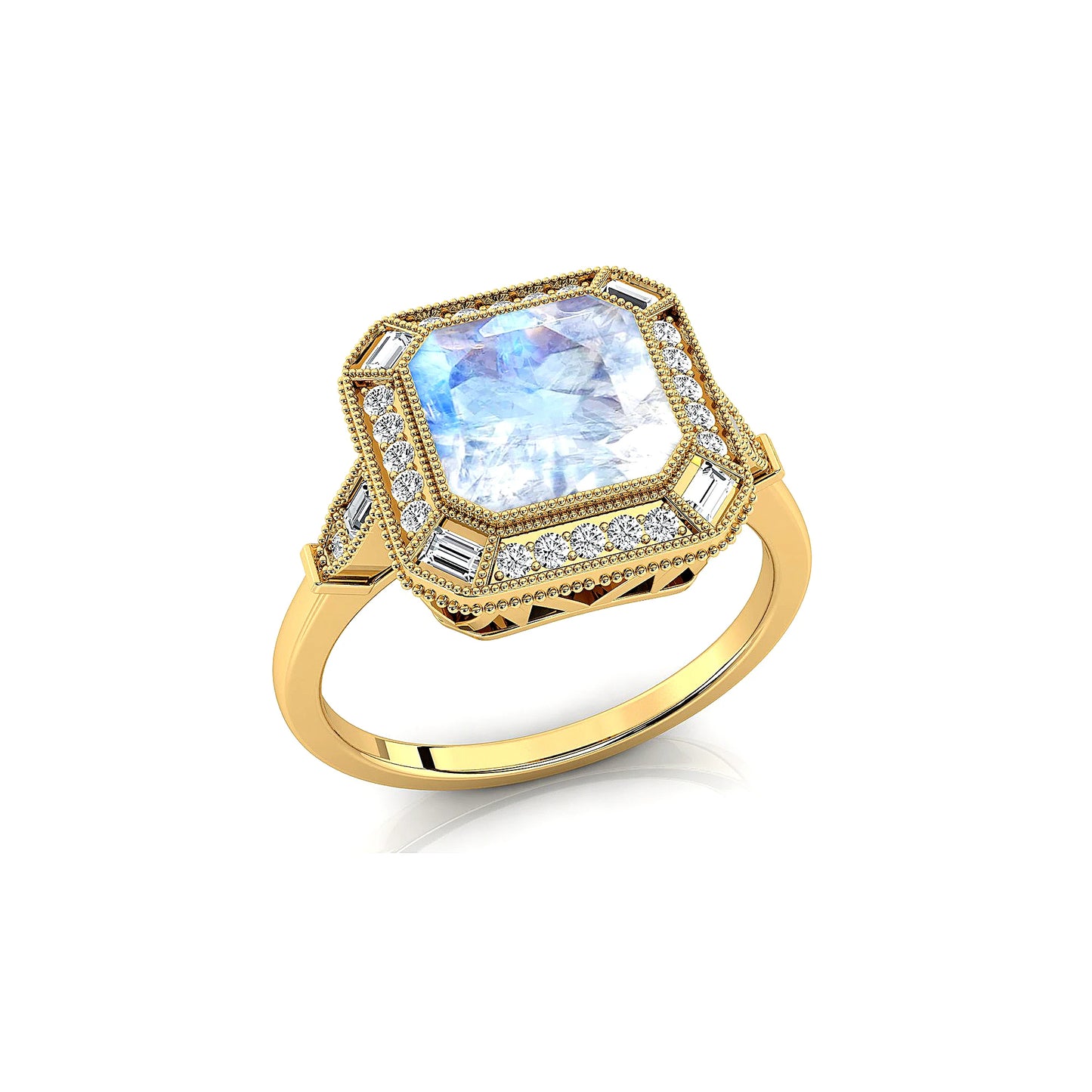 Luxurious Design Natural Rainbow Moonstone Gemstone Dainty Rings 18k Solid Gold Rhodium Plated Classic Wedding Real White