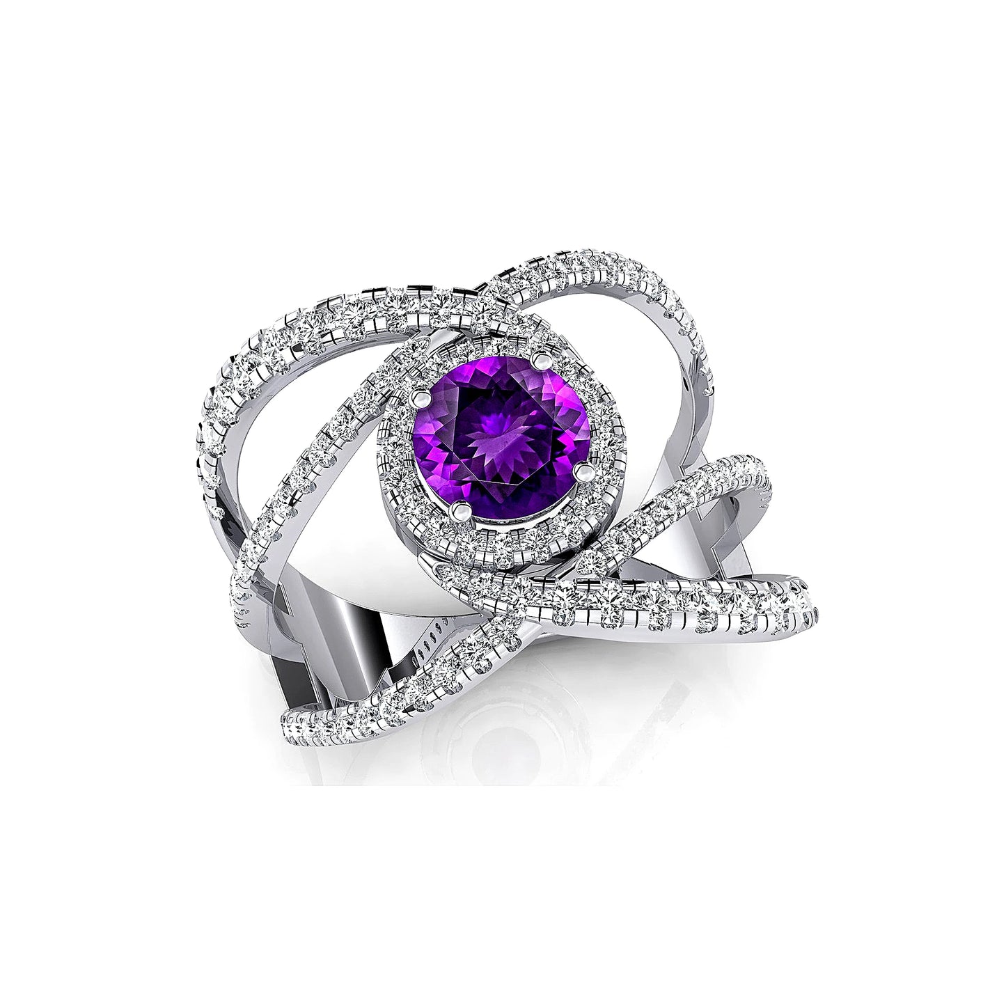 18k Solid Gold VS Wedding Party Statement Cocktail Ring Natural Amethyst Gemstone Real Diamonds Rhodium Plated Prong Setting ODM