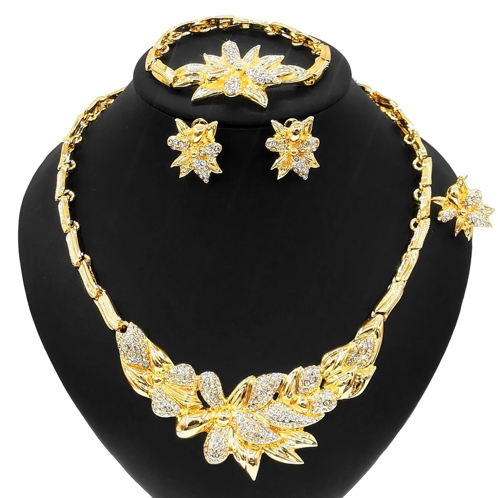 Zhuerrui New Brazil Women Gold-Plated Hug Flowers Jewelry Set Necklace Bracelet Earrings Ring Wholesale Zircon Jewelry SetsX0114