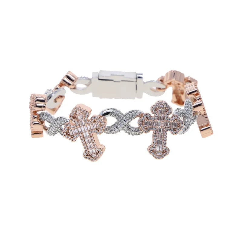 S&S Custom 3 Tone Silver Plated Hip Hop Jewelry Iced Out Bling 5A CZ Multi Cross Infinity Link X Shape Cuban Chain Bracelet for Men