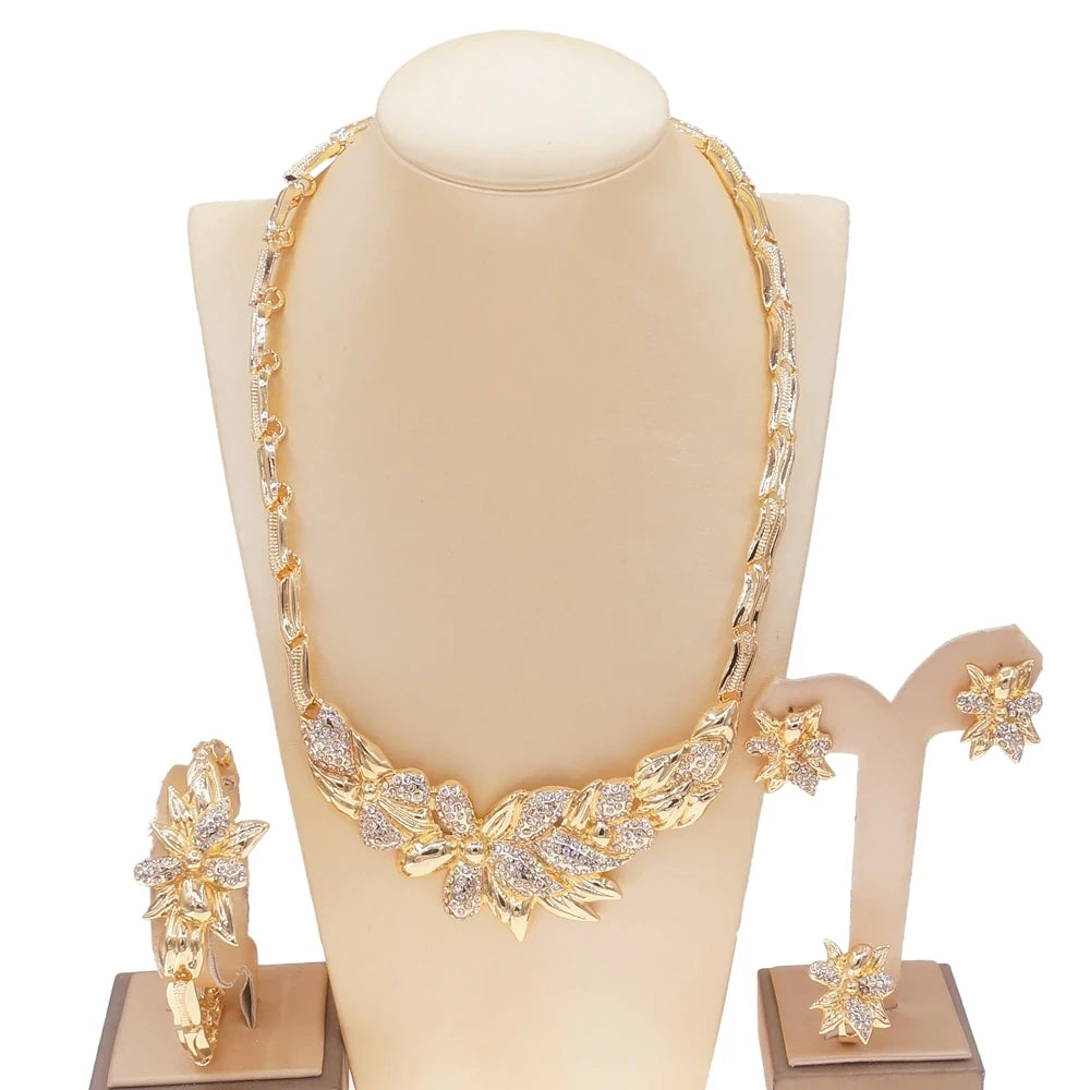 Zhuerrui New Brazil Women Gold-Plated Hug Flowers Jewelry Set Necklace Bracelet Earrings Ring Wholesale Zircon Jewelry SetsX0114