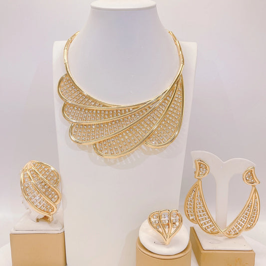 Zhuerrui Gold Plated Fan Shaped Necklace Earrings Bangle Ring Italian Jewelry Set for Women Party Wedding Accessory I006520