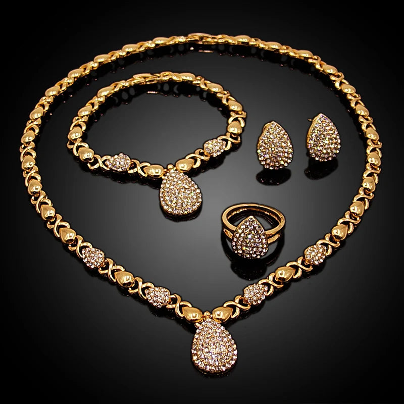 Zhuerrui XOXO New Design American Hot Sale High Quality X Water Drop 18 K Gold Plated Jewelry Set HM20080814
