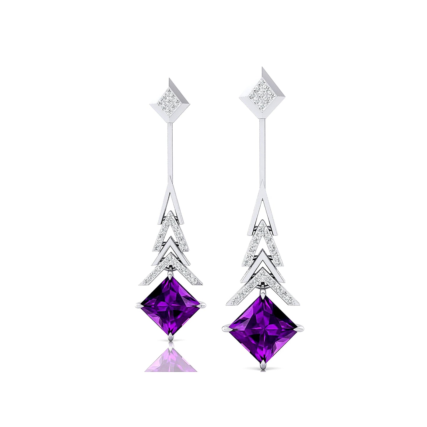 Finest Quality Natural Amethyst Gemstone Real Diamonds 18K Solid Yellow Gold Rhodium Plated Dangle Drop Wedding Party Gift