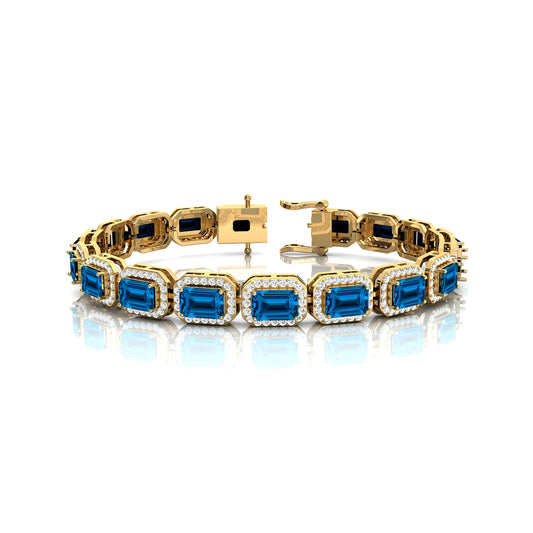 Real 14K 18K Pure Gold Diamond & Swiss Blue Topaz Tennis Bracelet for Women Elegant Bridal Engagement Fine Jewelry Bracelet