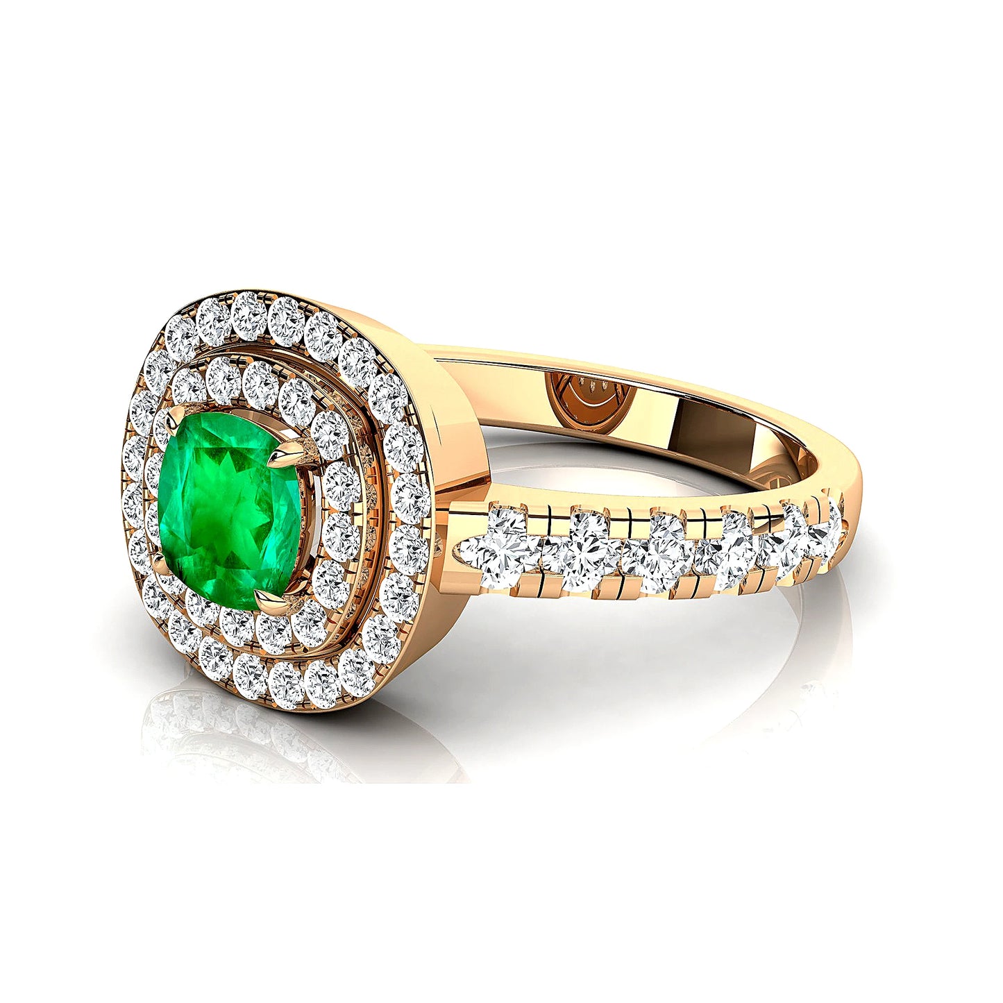 Lab Grown Emerald Gemstone Wedding Rings with Real White Diamonds Cushion Cut Halo Design Premium 18k Solid Gold Rhodium Plated