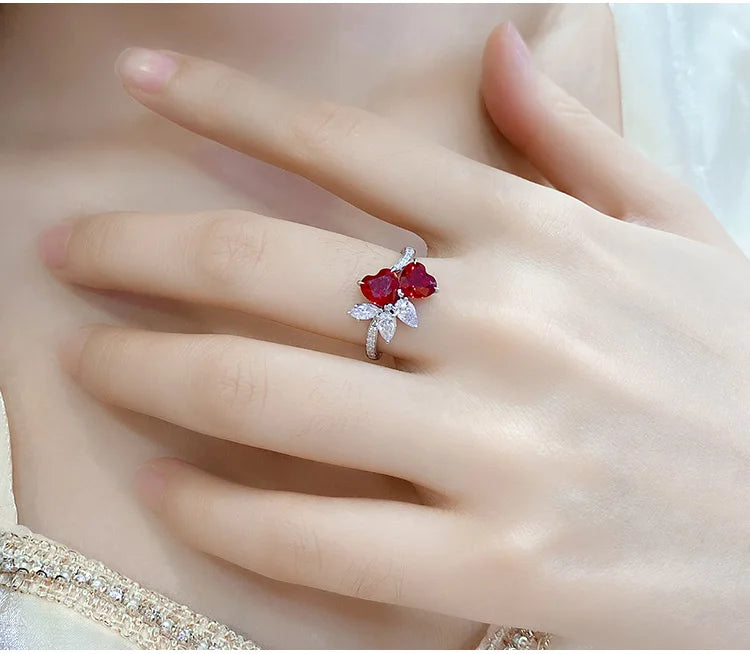 Gemfiori Anster Lab Created Ruby Women Ring Lab Made Diamonds and Ring S925 Sterling Silver