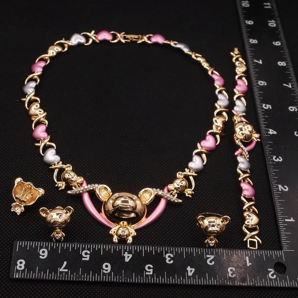 Zhuerrui Tricolor Gold Plated Diamond Teddy Bear Necklace Bracelet Ring Earrings Banquet Jewelry Set X0185