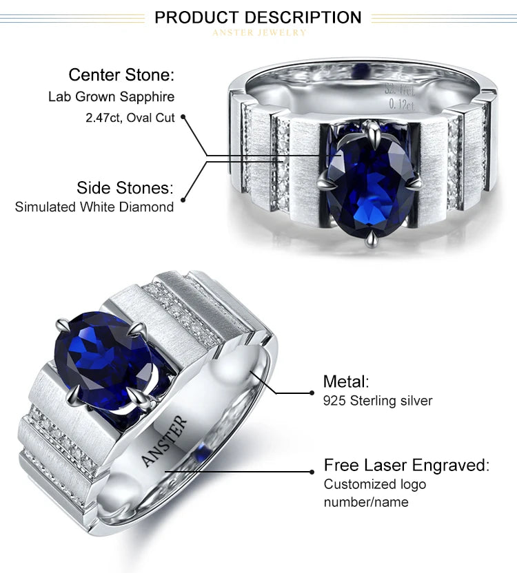 Gemfiori Anster Lab Created Sapphire Men Ring Lab Made Oval Cut Diamonds and Ring S925 Sterling Silver