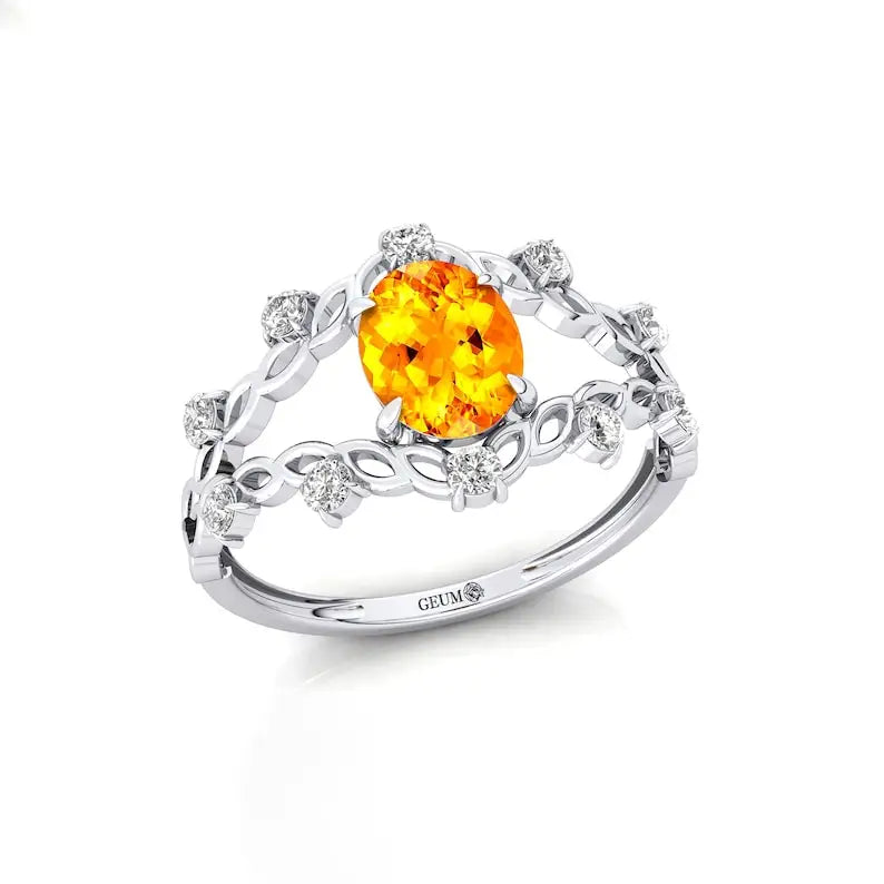 Unique Design Oval Cut 1.25Ct Natural Citrine Gemstone & Diamond Anniversary Rings in 18k Solid Gold Fine Jewelry Wedding Rings