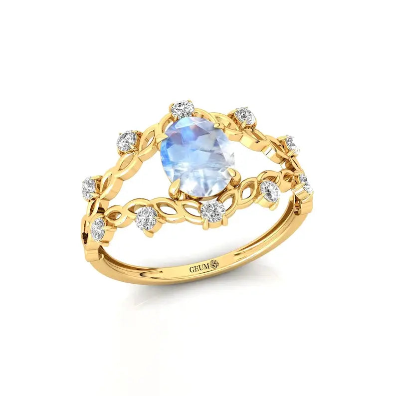 Natural Rainbow Moonstone Oval Faceted Cut Gemstone Wedding Ring 14k Pure Gold Adorned Natural Diamonds Luxurious Gift for Her