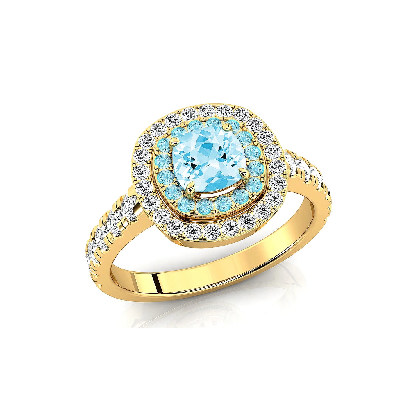 100% Natural Birthstone Aquamarine Gemstone Fine White Diamonds Solid Gold Bulk Double Halo Ring For Wedding and Engagement