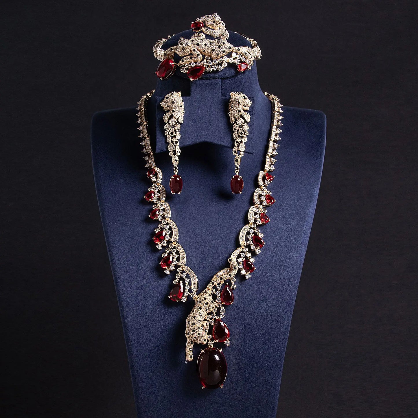 Famous Brand Leopard Design 4pcs Jewelry Sets Luxury Aqua Blue Zirconia Gorgeous Leopard Necklace 4Pcs Wedding Jewelry Sets