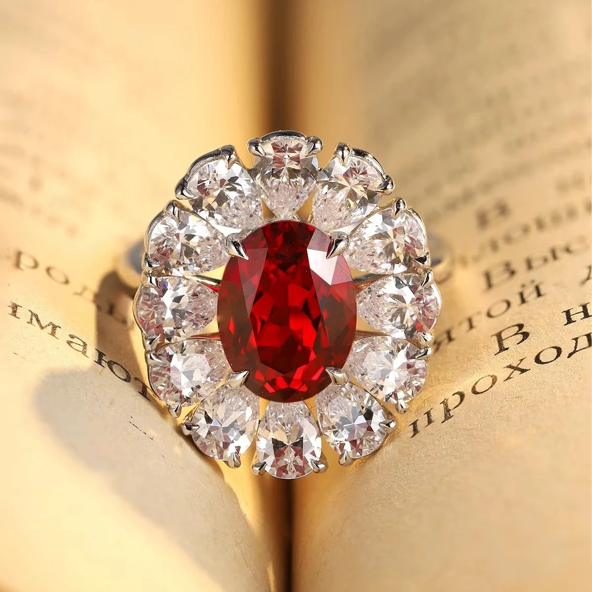 Gemfiori Anster Lab Made Diamonds and Ring S925 Sterling Silver Oval Cut Lab Created Ruby Women Ring