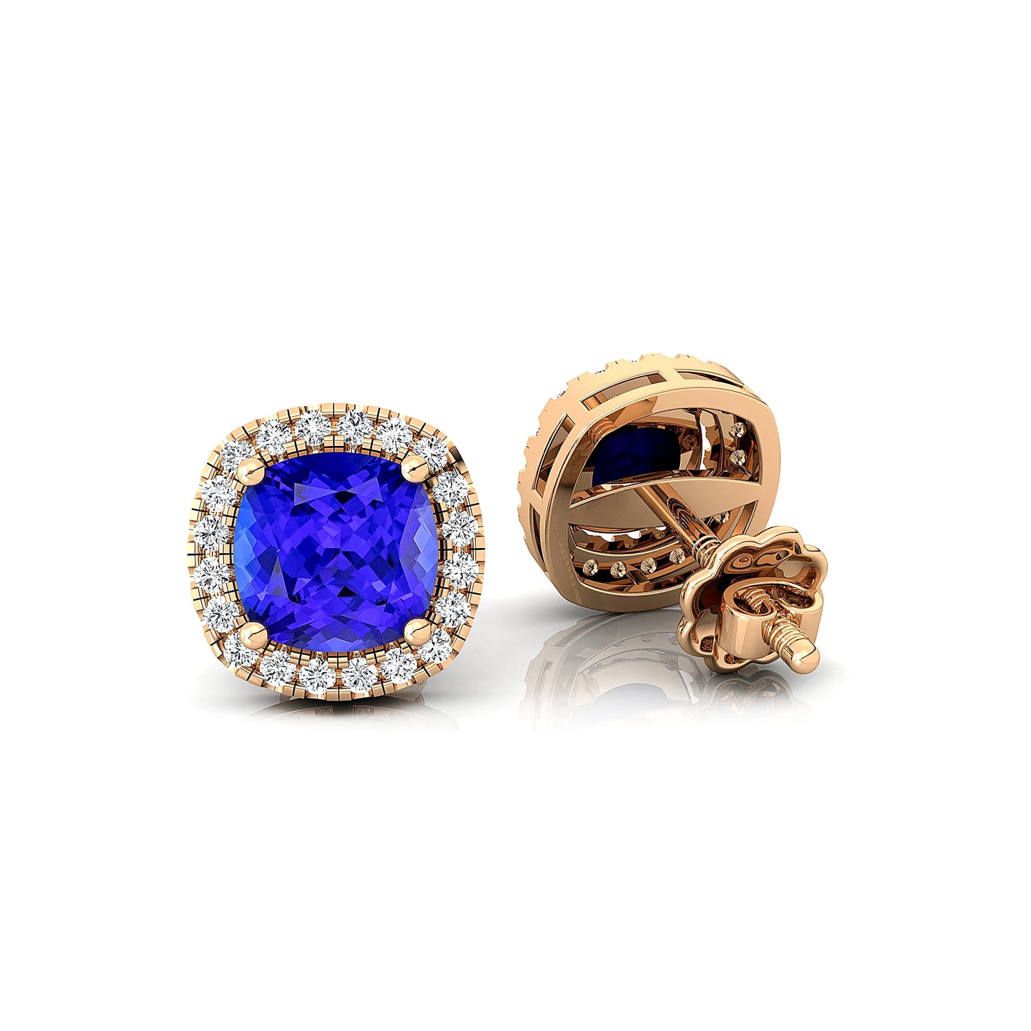 18k Solid Gold Cute Natural Tanzanite Gemstone Real Diamonds Luxurious Birthstone Halo Studs Earrings For Wedding Gift For Her