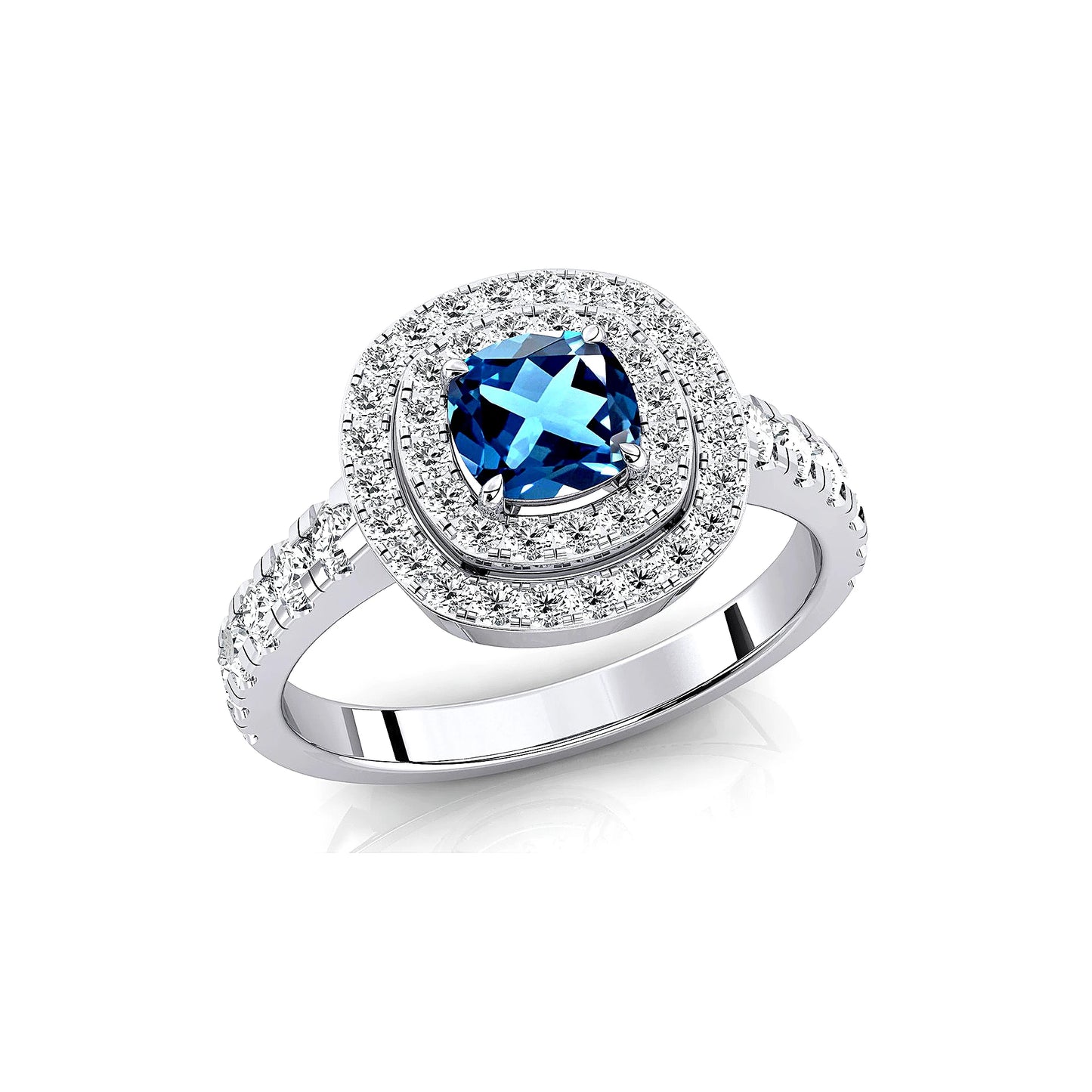 14k Solid Gold Rings Natural London Blue Topaz Real Diamonds Classic Wedding Halo Ring Rhodium Plated Women Jewelry Gift For Her