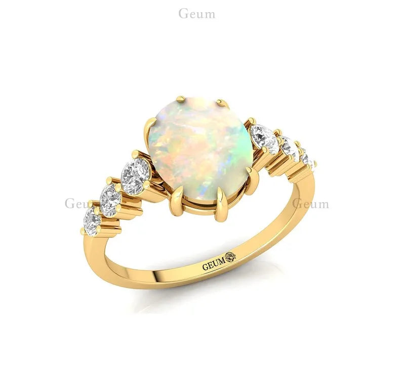 Genuine Natural Diamond Cluster Ring Ethiopian Opal Gemstone Solid 18k White/Yellow/Rose Gold Classic Wedding Fine Jewelry OEM