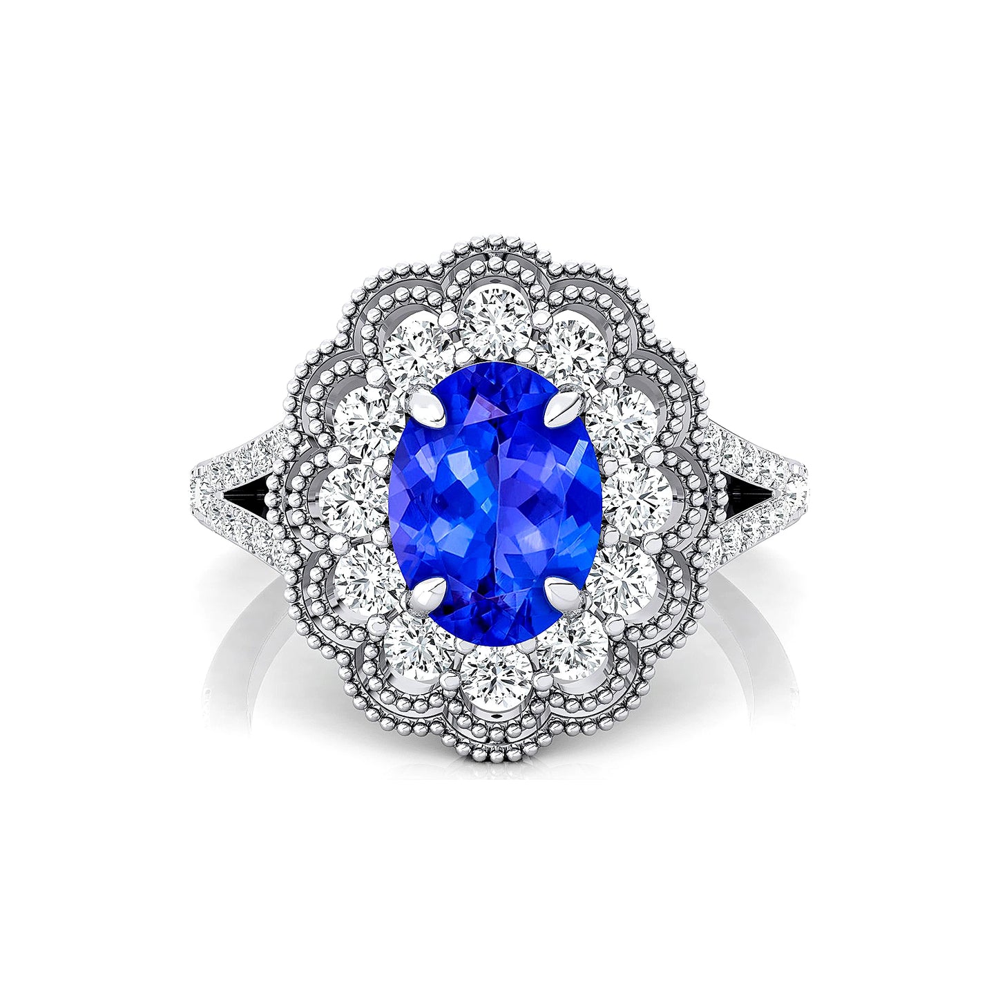 Natural Birthstone Tanzanite Gemstone Flawless Cut Cluster Rings 18k Solid Gold Studded Real White Diamond Halo Solitaire Ring