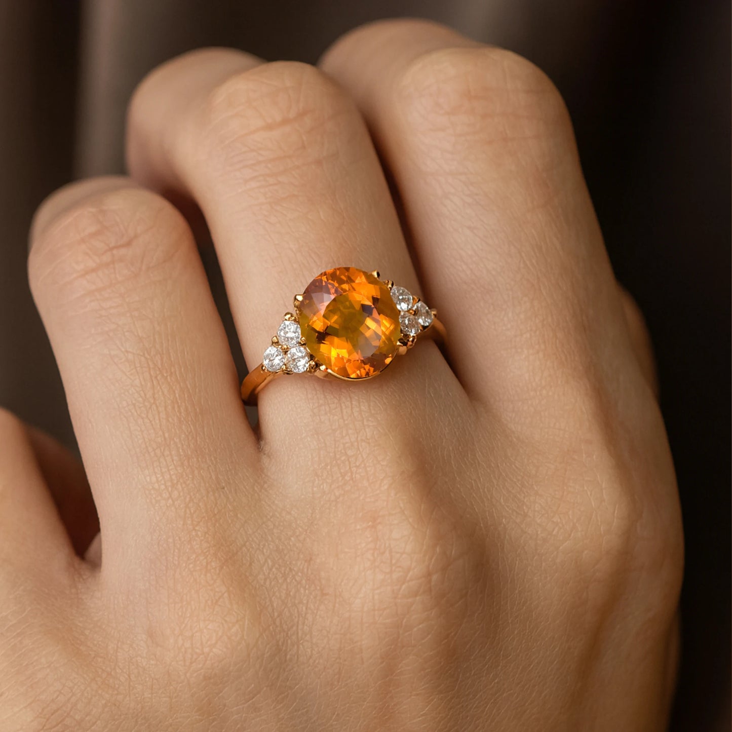 Luxury Solid Gold Oval Cut Citrine Gemstone Ring Real Diamonds Pave Setting Certified Statement Wedding Engagement Ring Party
