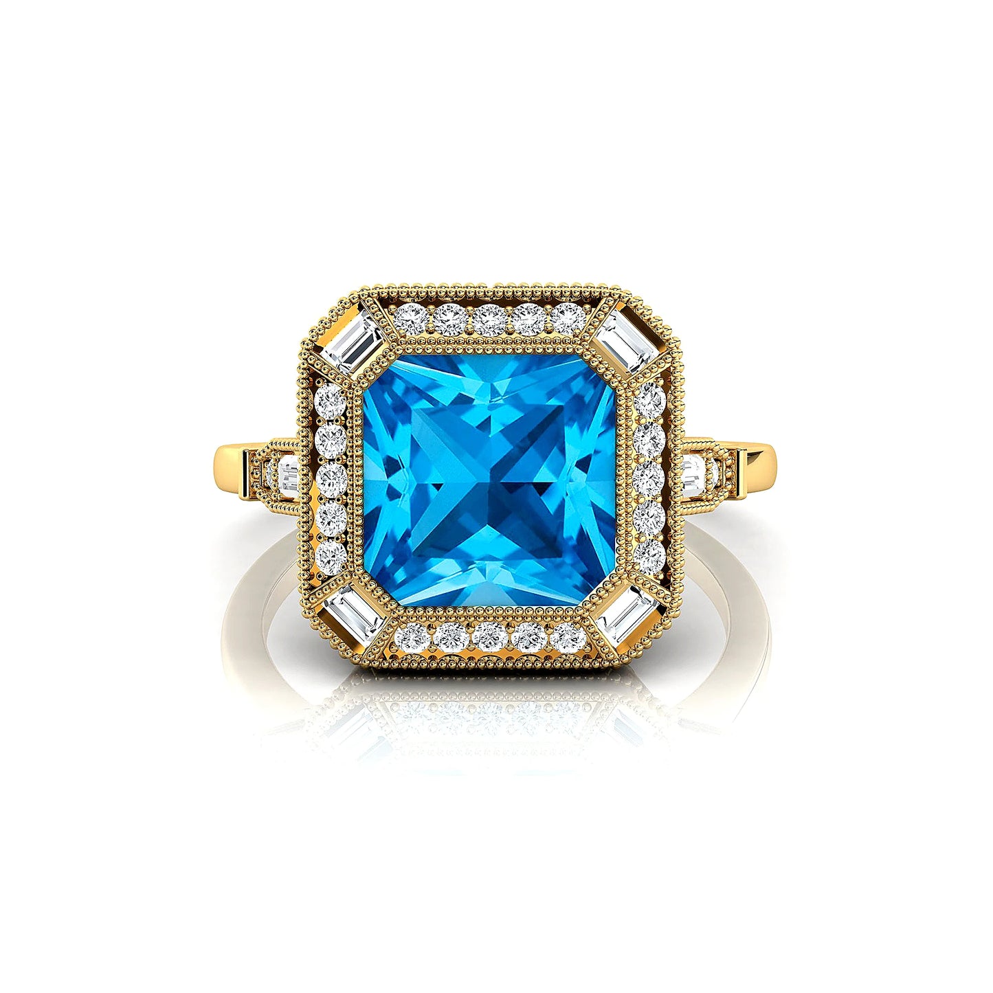 18k Solid Gold Rings Swiss Blue Topaz Gemstone Fine Real White Diamonds Baguette Cut Rhodium Plated Jewelry Weddings Ring Gift