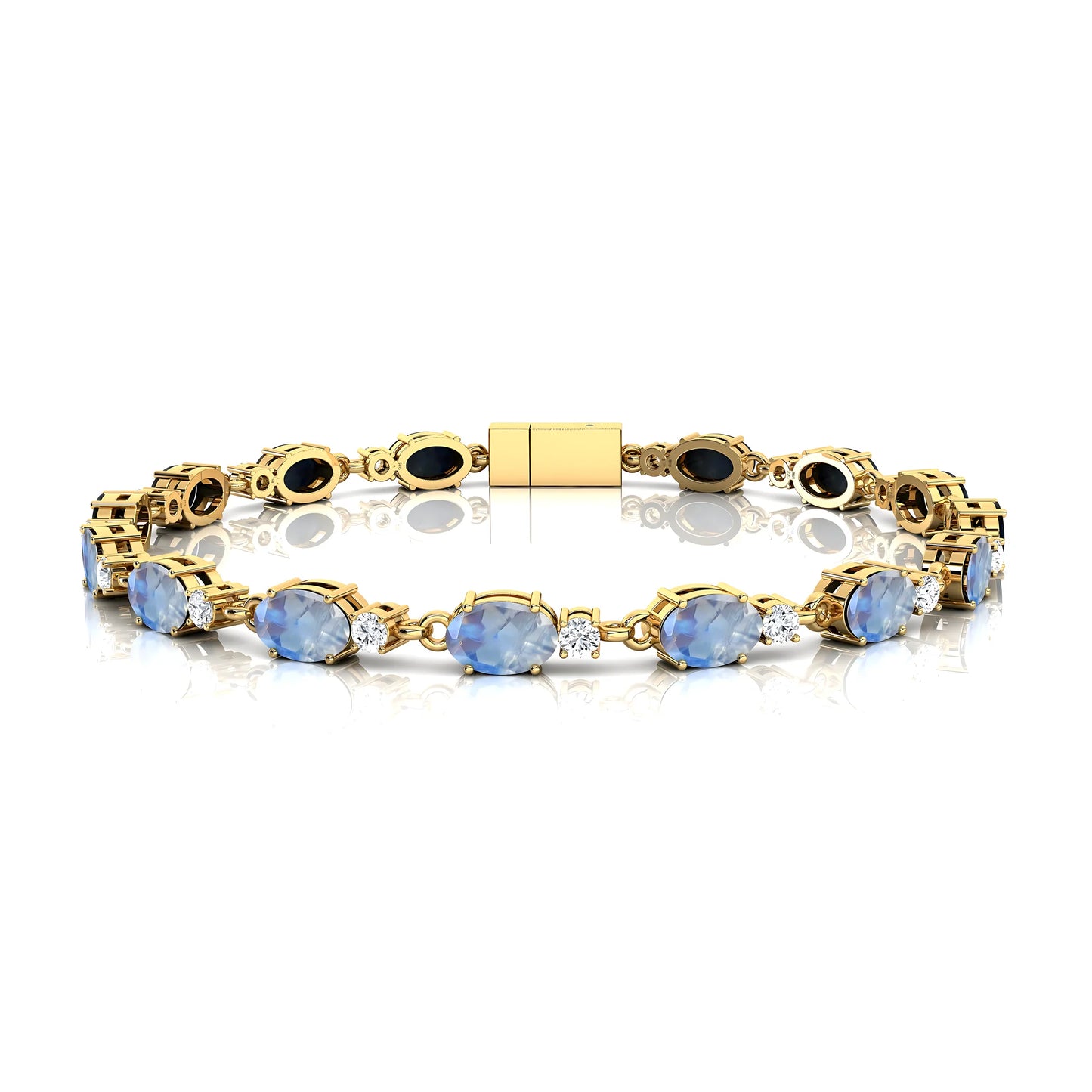 Natural Oval Shape Rainbow Moonstone Tennis Bracelet 14K Gold Prong Set Wedding Gift Luxury Party
