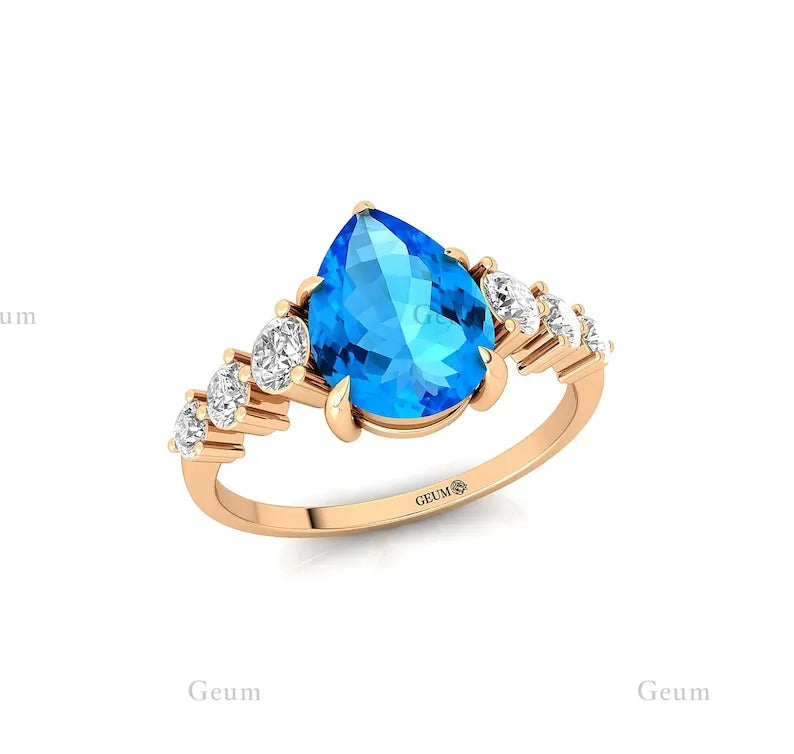 14K Pure Yellow Gold Ring Natural Swiss Blue Topaz Gemstone Women Classic Cluster Bridal Engagement Rings Real Gift for Her