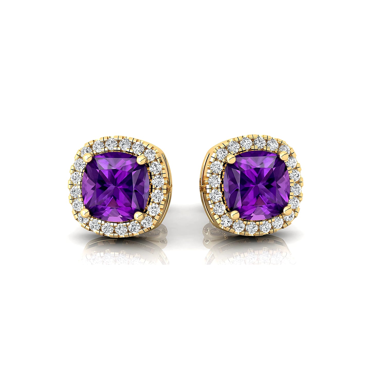 Natural February Birthstone Amethyst Gemstone & Real Diamonds Studded 18k Solid Gold Rhodium Earring Studs Women's Gift