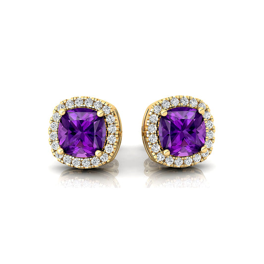 Natural February Birthstone Amethyst Gemstone & Real Diamonds Studded 18k Solid Gold Rhodium Earring Studs Women's Gift