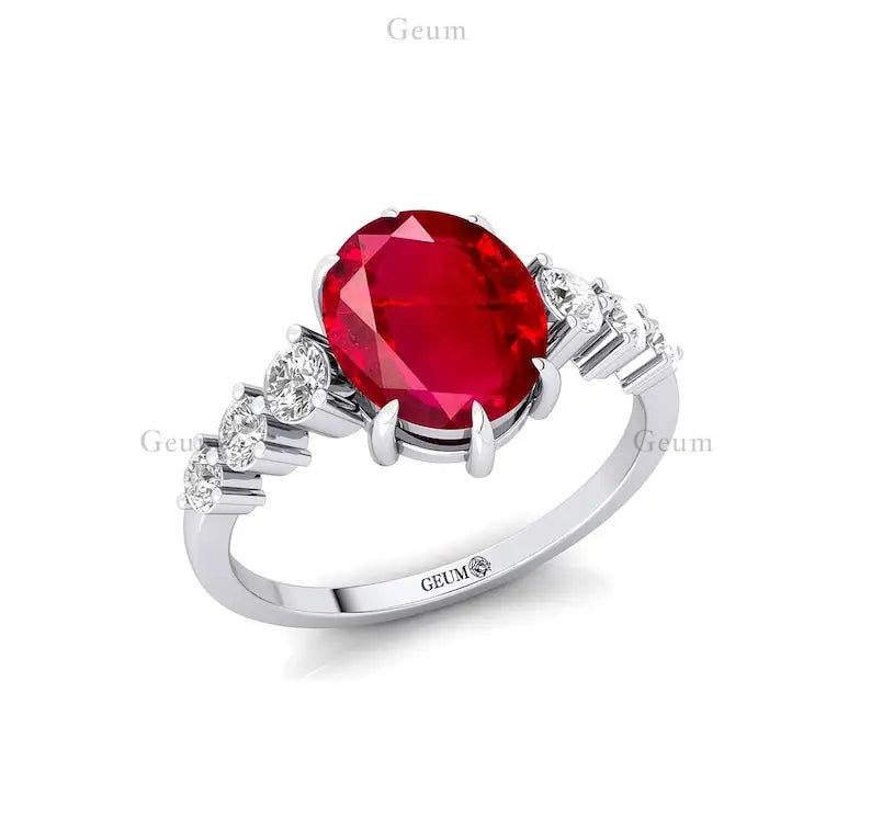 14K Gold Oval Cut Lab Grown Ruby & Side Diamond Solitaire Ring Classic Luxury Design Lab Made Ruby & Real Diamonds Wedding Ring