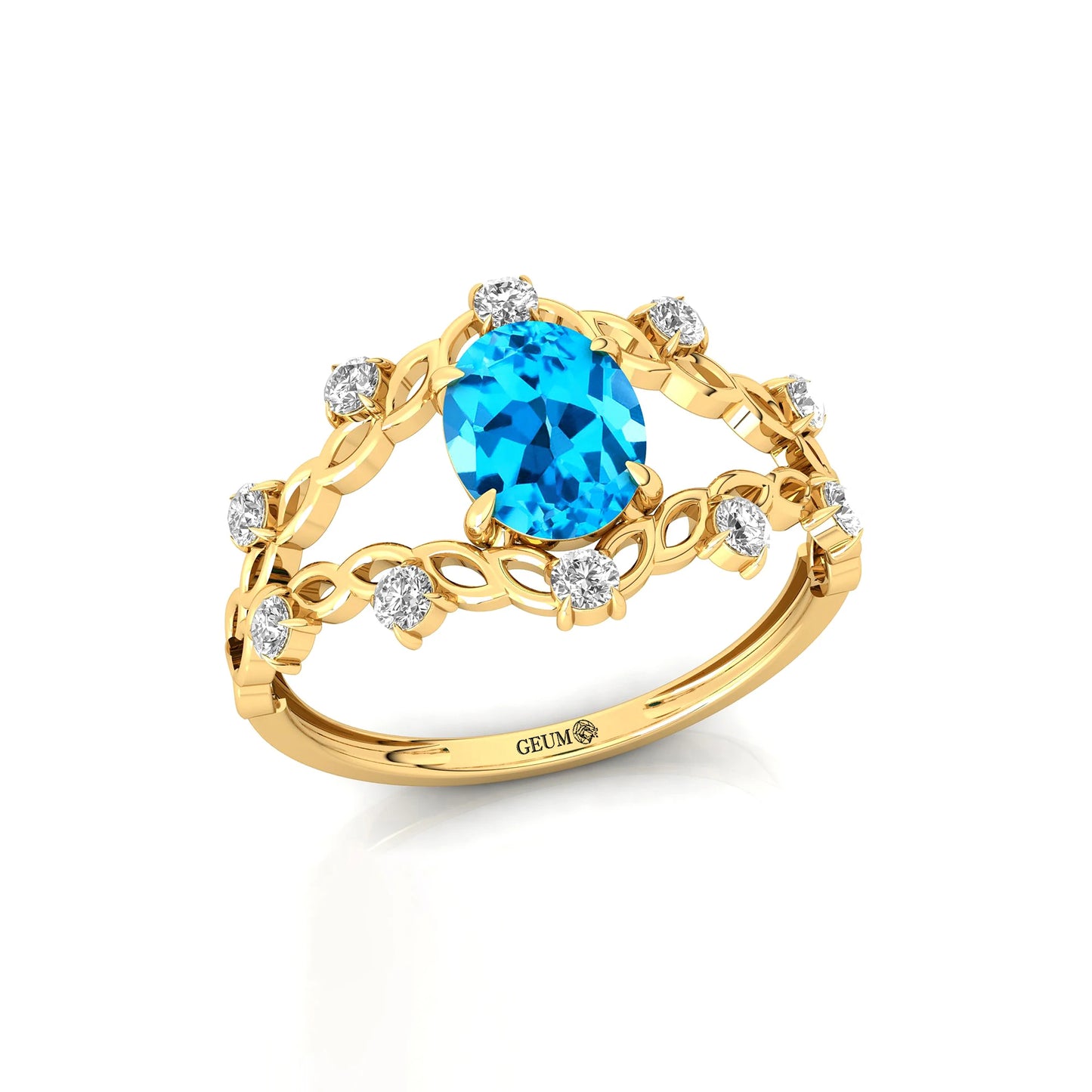 14Kt Solid Gold Classic for Swiss Blue Topaz Gemstone Rings Real Diamonds Women's Engagement Wedding OEM Jewelry Valentine's Day