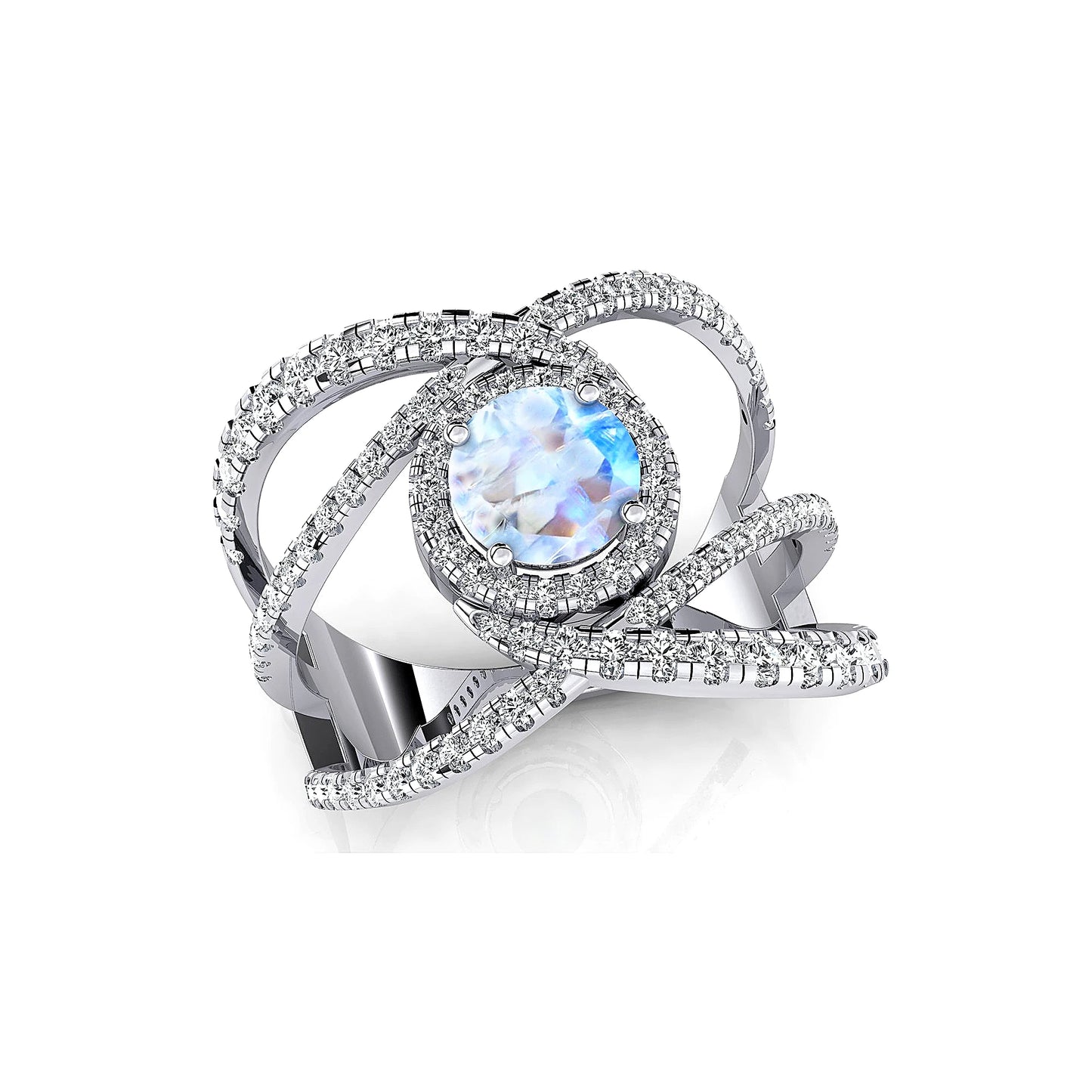 18Kt Solid Gold Women's Birthstone Jewelry Natural Rainbow Moonstone Gemstone Charming Solitaire Halo Ring Classic Wedding Party