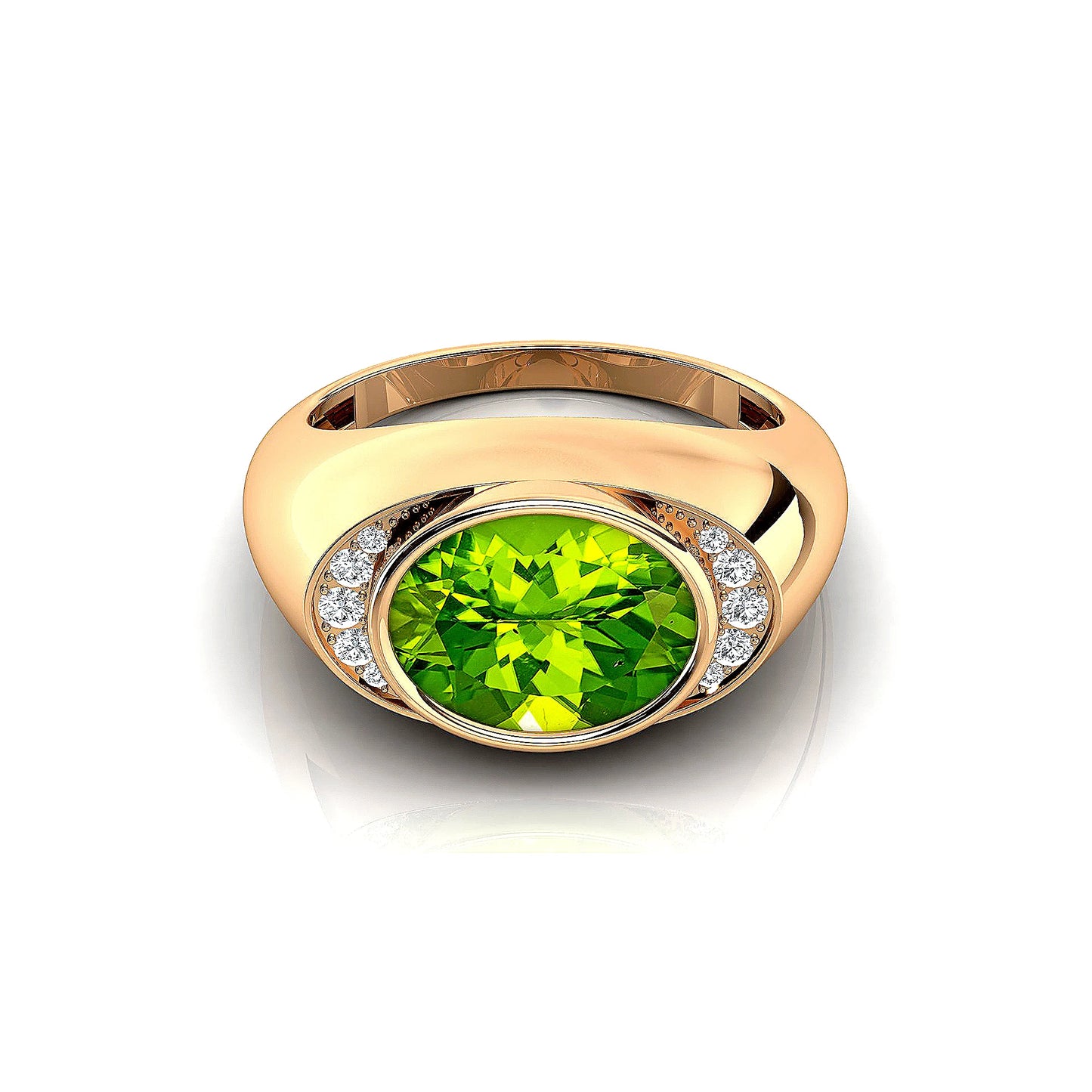 18k Solid Gold Signet Rings Natural Peridot Gemstone Bezel Setting Rhodium Plated Ring With Natural Diamonds Rings Gift For Wife