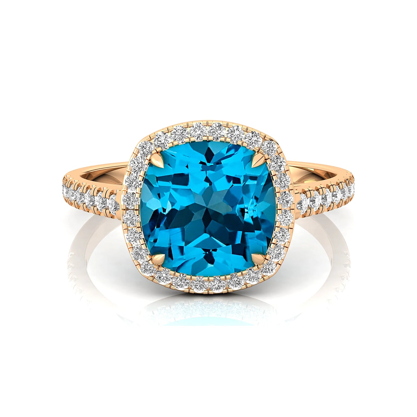 Personalized Classic 14k Solid Gold Halo Wedding Engagement Ring with for Swiss Blue Topaz & Natural Diamond Gift Her Bulk OEM
