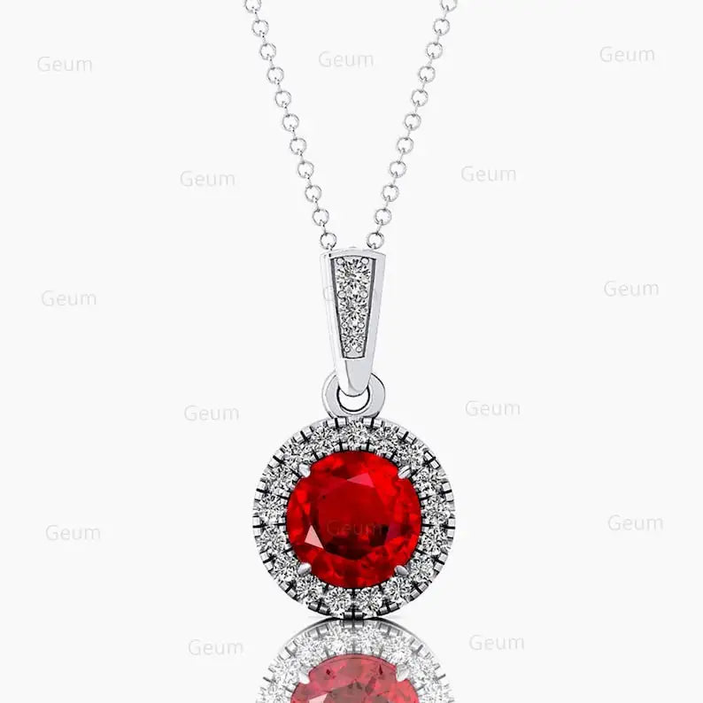 14k Solid Gold Lab Grown Ruby Gemstone Halo Pendant Diamond Necklace Round Shape Fine Jewelry Lab Ruby Gemstone Pendant Jewelry