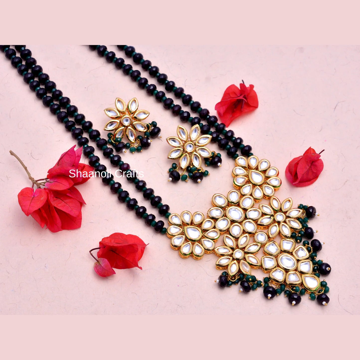 Handcrafted Wedding Gift Set Pouch Kundan Chokar Necklace Earrings with Adjustable Rings for Engagement and Anniversary Wear