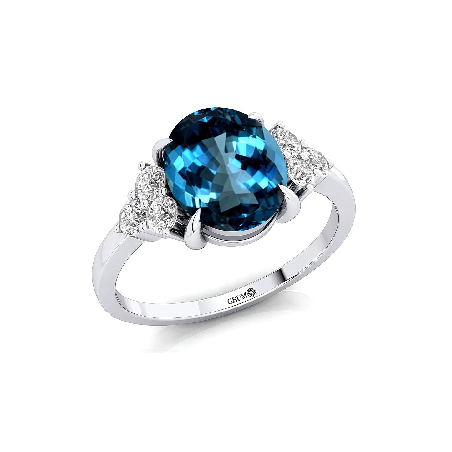 Solid 14k Gold Classic Unique Oval Shape Natural London Blue Topaz Gemstone Real Diamond Cluster Pave Setting Premium Designer