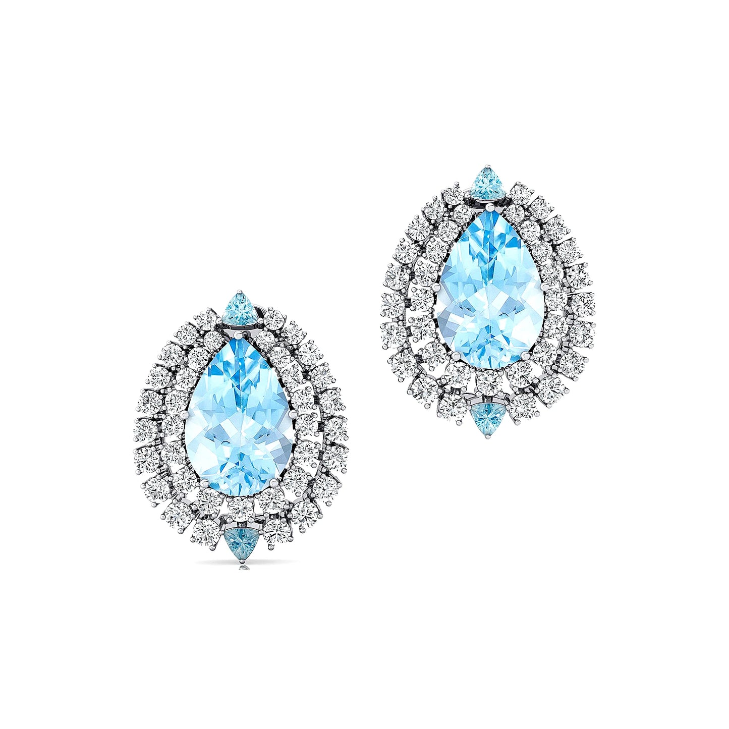 Double Halo Diamonds Pear Aquamarine Gemstone Solid Gold Stud Earrings Handmade Cute Fine Jewelry Natural Real Diamonds Earrings