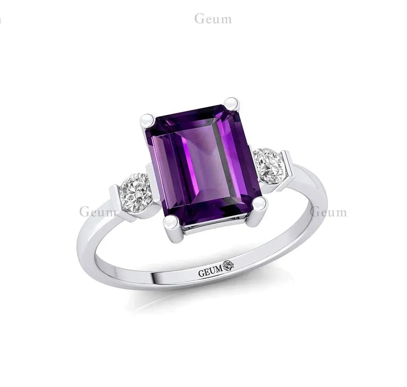 Customized 14k 18k Solid Yellow Gold 7x9 Emerald Cut Amethyst Gemstone Rings for Wedding and Gift Occasions